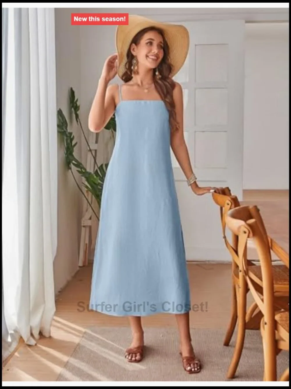 100% Linen Midi Dress Square Neck Sleeveless Spaghetti Strap Relaxed Fit Summer